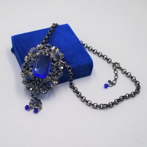 Czech Victorian Revival Decadent Vintage Gothic Large Blue Glass Ornate Pendant Rebuilt Necklace