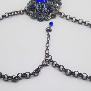 Czech Victorian Revival Decadent Vintage Gothic Large Blue Glass Ornate Pendant Rebuilt Necklace