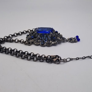 Czech Victorian Revival Decadent Vintage Gothic Large Blue Glass Ornate Pendant Rebuilt Necklace