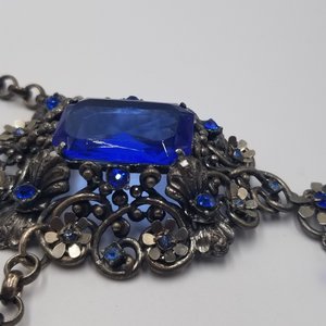 Czech Victorian Revival Decadent Vintage Gothic Large Blue Glass Ornate Pendant Rebuilt Necklace