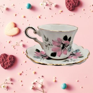 Grosvenor Miniature Demitasse Pink Floral Rose and Forget Me Not, Bone China Teacup and Saucer Set