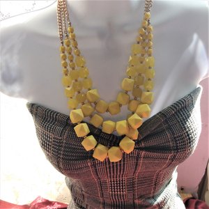 Vintage Charming Charlie Gold Tone Multi-strand Bright Yellow Chunky Beads Statement Bib Necklace