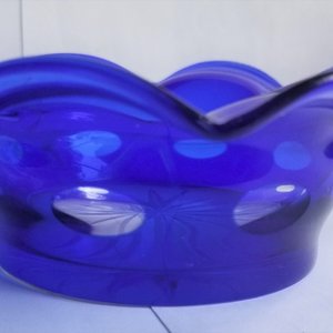 Vintage Cobalt Blue Cut to Clear Ruffle Edge Candy Dish