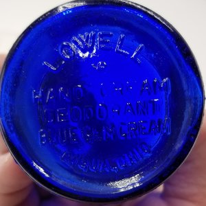 Vintage Cobalt Blue Glass Lowell Hand Cream Deodorant Blue Gem Cream Top Hat Ashtray
