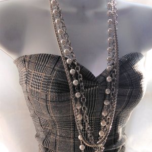 Silver Tone Chain and Faux Pearls Layered Statement Necklace, High Quality Vintage Heavy