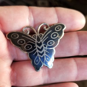 Vintage Nielloware Sterling Silver SIAM  Butterfly Brooch, Much Older Clasp