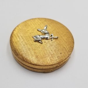 Vintage Du Barry Cloudsilk Powder Makeup Compact, Champagne Beige, Brushed Gold Tone with Silver Tone Fawn on Front