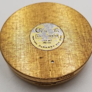 Vintage Du Barry Cloudsilk Powder Makeup Compact, Champagne Beige, Brushed Gold Tone with Silver Tone Fawn on Front