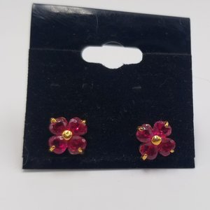 Red Lab Created Ruby Color Jewel Flower Vermeil Stud Post Pierced Earrings, July Birthstone, Gift for Her