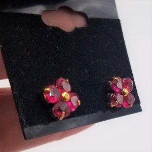 Red Lab Created Ruby Color Jewel Flower Vermeil Stud Post Pierced Earrings, July Birthstone, Gift for Her