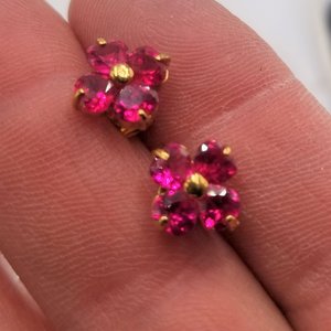 Red Lab Created Ruby Color Jewel Flower Vermeil Stud Post Pierced Earrings, July Birthstone, Gift for Her