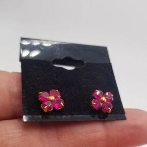 Red Lab Created Ruby Color Jewel Flower Vermeil Stud Post Pierced Earrings, July Birthstone, Gift for Her
