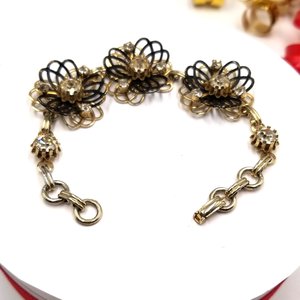 Vintage Gold Tone and Black Rhinestones and Flower Panel Bracelet
