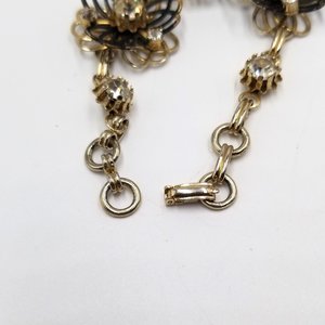 Vintage Gold Tone and Black Rhinestones and Flower Panel Bracelet