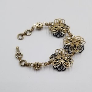 Vintage Gold Tone and Black Rhinestones and Flower Panel Bracelet