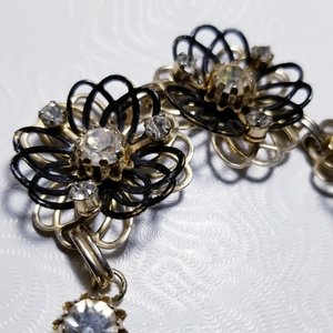 Vintage Gold Tone and Black Rhinestones and Flower Panel Bracelet