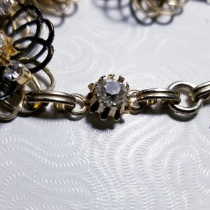 Vintage Gold Tone and Black Rhinestones and Flower Panel Bracelet