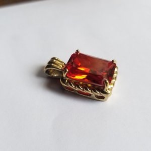 Vintage Emerald Cut Pendant and Chain with Gold Plated Vermeil Finish. Large Orange Cubic Zirconia