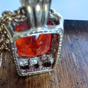 Vintage Emerald Cut Pendant and Chain with Gold Plated Vermeil Finish. Large Orange Cubic Zirconia