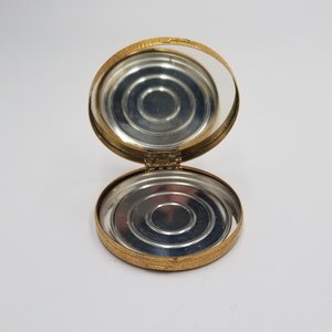 Vintage Du Barry Cloudsilk Powder Makeup Compact, Champagne Beige, Brushed Gold Tone with Silver Tone Fawn on Front