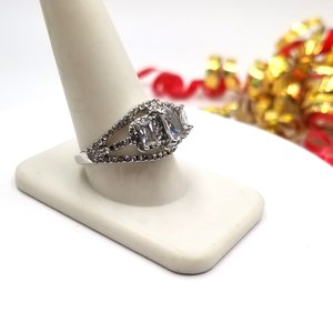 Sparkling Fashion 3 Stone Halo Silver Tone Cubic Zirconia Solitaire Ring, Size 11