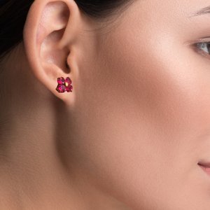Red Lab Created Ruby Color Jewel Flower Vermeil Stud Post Pierced Earrings, July Birthstone, Gift for Her