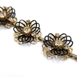 Vintage Gold Tone and Black Rhinestones and Flower Panel Bracelet