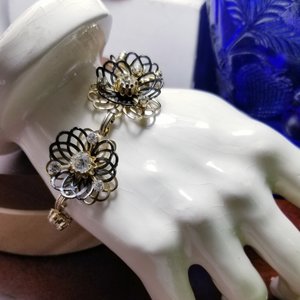 Vintage Gold Tone and Black Rhinestones and Flower Panel Bracelet