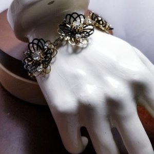 Vintage Gold Tone and Black Rhinestones and Flower Panel Bracelet