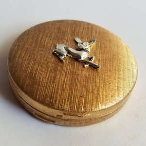 Vintage Du Barry Cloudsilk Powder Makeup Compact, Champagne Beige, Brushed Gold Tone with Silver Tone Fawn on Front