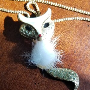 Vintage Gold Tone and Rhinestones Articulated Fox Pendant and Chain Necklace