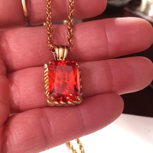 Vintage Emerald Cut Pendant and Chain with Gold Plated Vermeil Finish. Large Orange Cubic Zirconia