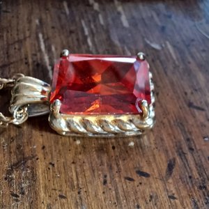 Vintage Emerald Cut Pendant and Chain with Gold Plated Vermeil Finish. Large Orange Cubic Zirconia