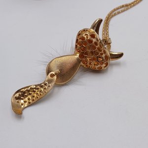 Vintage Gold Tone and Rhinestones Articulated Fox Pendant and Chain Necklace