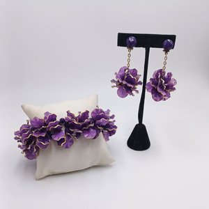 Hong Kong Purple Petal Vintage  Bracelet and Earrings Jewelry Set