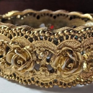Vintage Tortolani Gold Tone Chunky Hinged Roses Clamper Bracelet