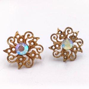 2 Pairs of Vintage Gold Tone and Rhinestones Screw Back Earrings Lot
