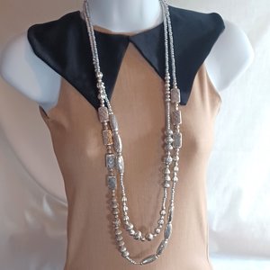 CHICO's Super Long Silver Tone Beaded 2 Strand Beaded Necklace, Southwestern