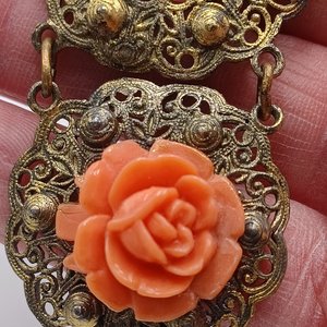 Vintage Gold Tone Panel Bracelet with Orange Celluloid Roses