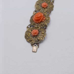 Vintage Gold Tone Panel Bracelet with Orange Celluloid Roses