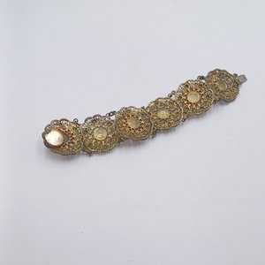 Vintage Gold Tone Panel Bracelet with Orange Celluloid Roses