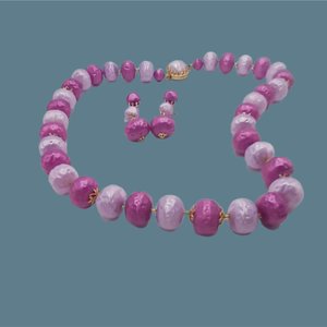 1950's  Vintage Japan Pink and Purple Plastic Beaded Necklace and Earrings Jewelry Set