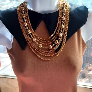 Mid Century Gold Tone Multi-strand Necklace and Clip-on Earrings Jewelry Set