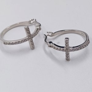 Signed Prime Art and Jewel Sterling Silver and Cubic Zirconia Cross Hoop Earrings