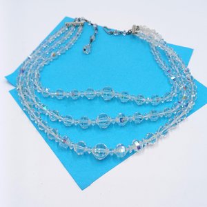Triple Strand Faceted Aurora Borealis Crystals Graduated Necklace, Most Brilliant Crystals