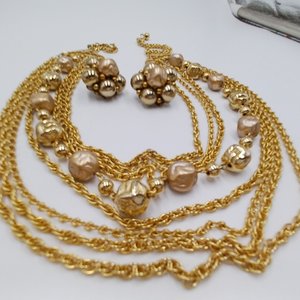 Mid Century Gold Tone Multi-strand Necklace and Clip-on Earrings Jewelry Set
