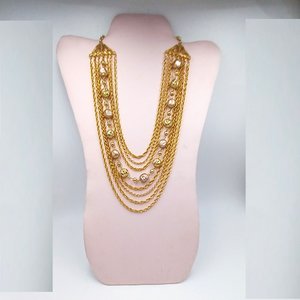 Mid Century Gold Tone Multi-strand Necklace and Clip-on Earrings Jewelry Set