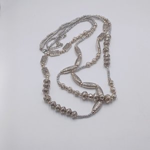 CHICO's Super Long Silver Tone Beaded 2 Strand Beaded Necklace, Southwestern