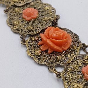 Vintage Gold Tone Panel Bracelet with Orange Celluloid Roses