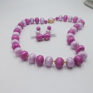 1950's  Vintage Japan Pink and Purple Plastic Beaded Necklace and Earrings Jewelry Set